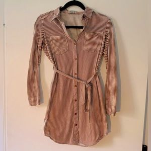Brown and white stripped shirt dress